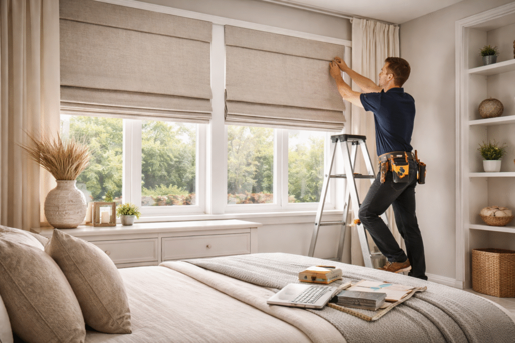 Roman shades blackout installers near me. Get custom blackout Roman shades with expert installation for better sleep, privacy, and style.